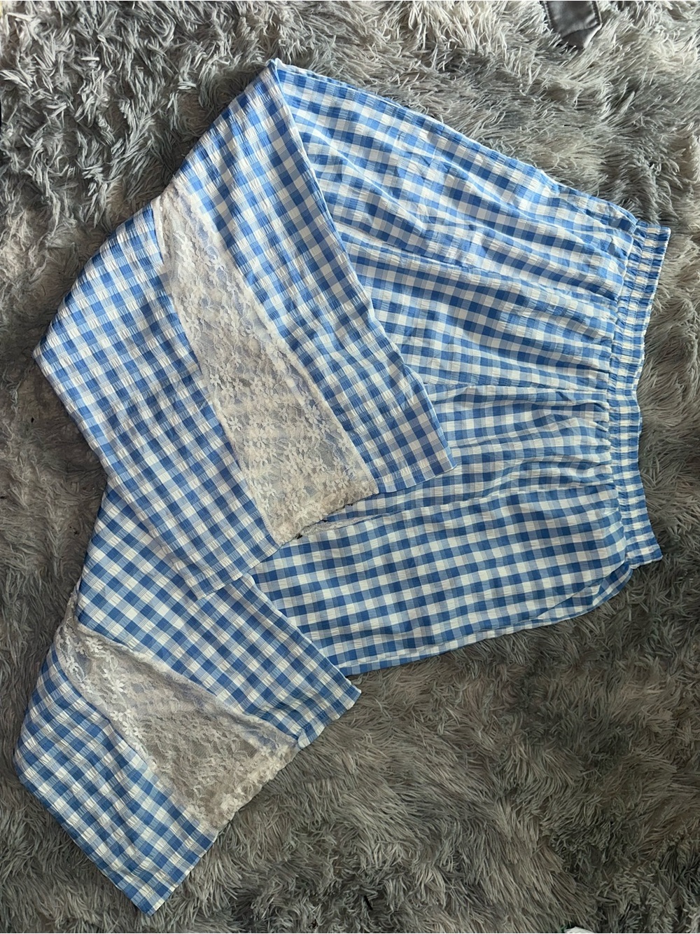 SHEIN Blue Gingham High-Waist Shorts with Lace Trim
